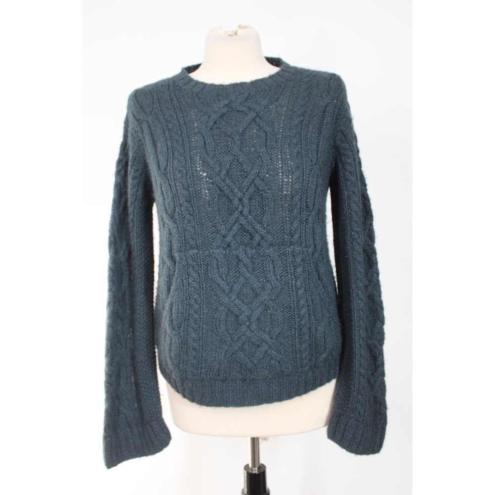 Vtg 90s Anne Klein M Blue/Green Fuzzy Alpaca Cable-Knit Sweater Pocket